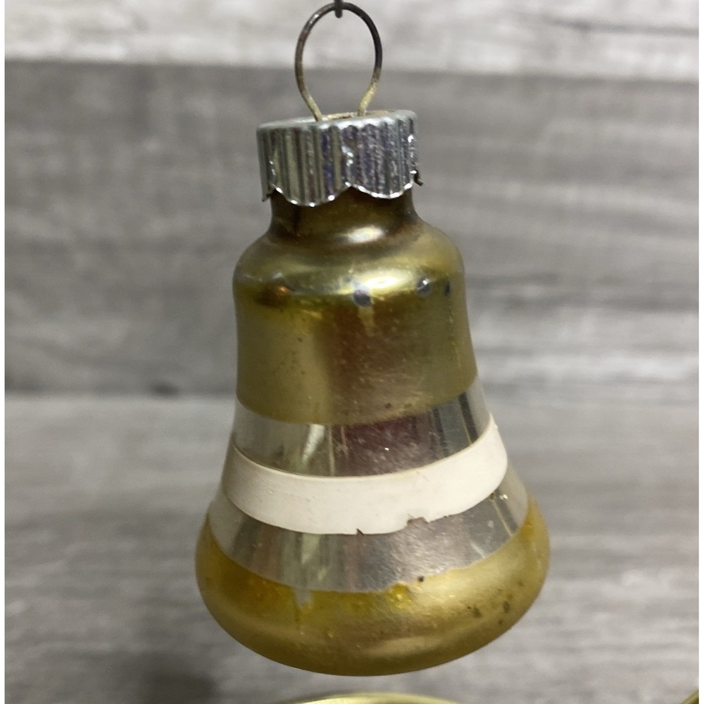 Vintage 5 Cent Cap Gold Silver Stripe Shiny Brite Bell Glass Christmas Ornament